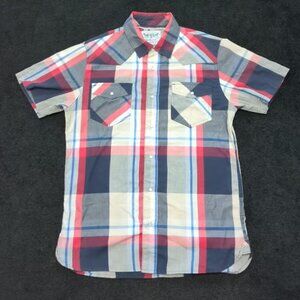 Levi's Men's Medium Short Sleeve Flannel Shirt Blue Red Plaid Button Up